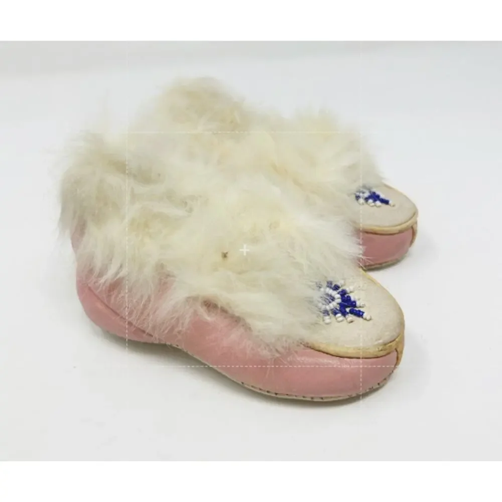 Vintage 1940s/50s Baby Girl Pink Leather & Fur Shoes